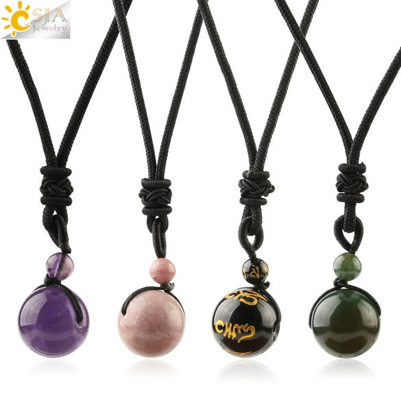 Simple Handmade Natural Stone Round Bead Pendant Necklace With Wear Rope Chain Minimalist Jewelry
