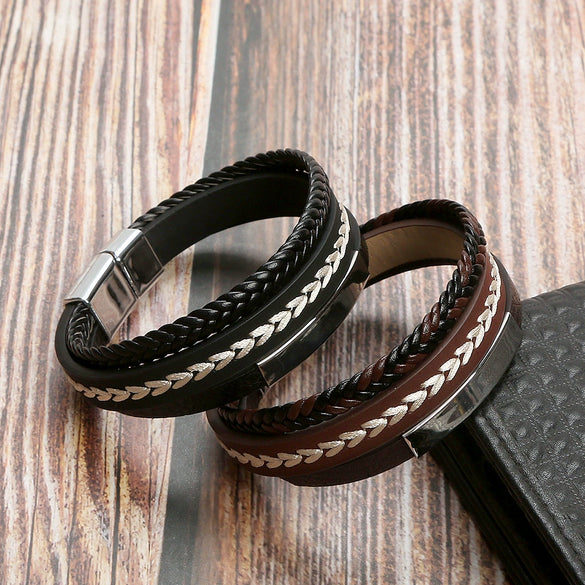 Simple Handwoven Leather Bracelets With Stainless Steel Alloy Buckles Magnetic Material Geometric Style For Men Handmade