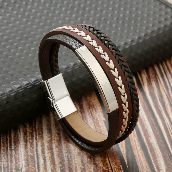 Simple Handwoven Leather Bracelets With Stainless Steel Alloy Buckles Magnetic Material Geometric Style For Men Handmade
