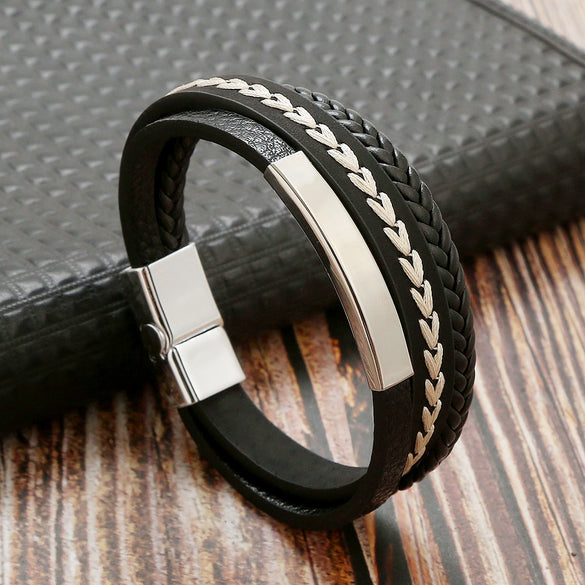 Simple Handwoven Leather Bracelets With Stainless Steel Alloy Buckles Magnetic Material Geometric Style For Men Handmade