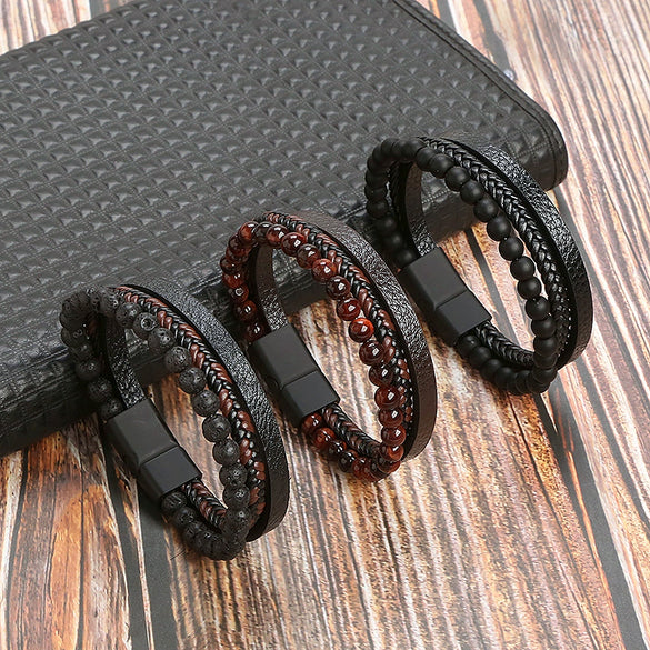 Simple Handwoven Titanium Steel Bracelet With Natural Volcanic Stone And Geometric Pattern For Men And Women