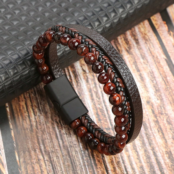 Simple Handwoven Titanium Steel Bracelet With Natural Volcanic Stone And Geometric Pattern For Men And Women