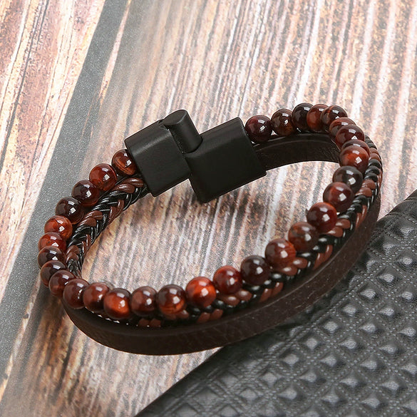 Simple Handwoven Titanium Steel Bracelet With Natural Volcanic Stone And Geometric Pattern For Men And Women