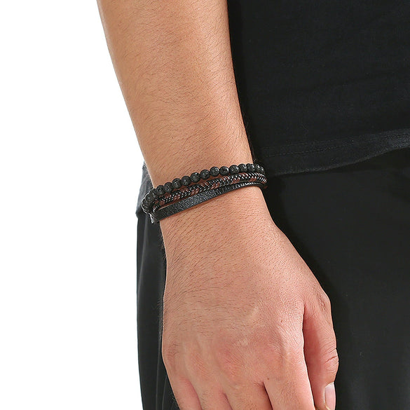 Simple Handwoven Titanium Steel Bracelet With Natural Volcanic Stone And Geometric Pattern For Men And Women