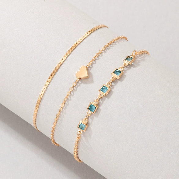 Simple Heart Geometric Metal Alloy Three Layer Bracelet Set With Blue Diamond Electroplating For Women