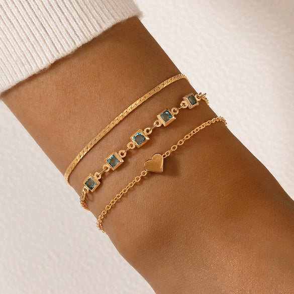 Simple Heart Geometric Metal Alloy Three Layer Bracelet Set With Blue Diamond Electroplating For Women