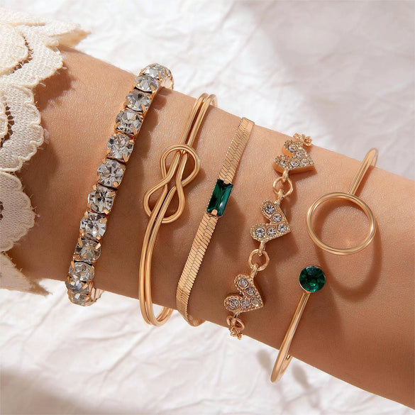 Simple Heart Geometric Metal Alloy Three Layer Bracelet Set With Blue Diamond Electroplating For Women