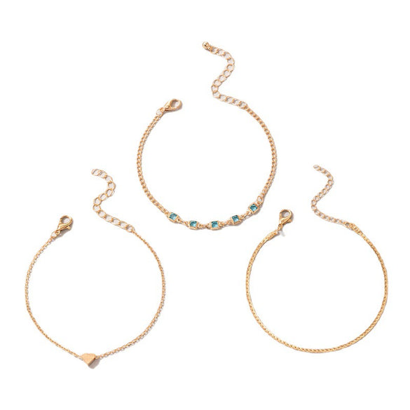 Simple Heart Geometric Metal Alloy Three Layer Bracelet Set With Blue Diamond Electroplating For Women