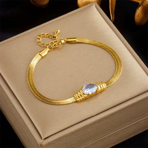 Simple Highend Retro Metal Snake Bone Chain Faceted Inlaid Rhinestone Women's Bracelet Necklace Stainless Steel Electroplated