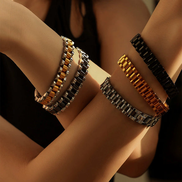 Simple Hip Hop Light Luxury Thick Chain Titanium Steel Gold Plated Wide Strap Chain Bracelet With Geometric Design For Men