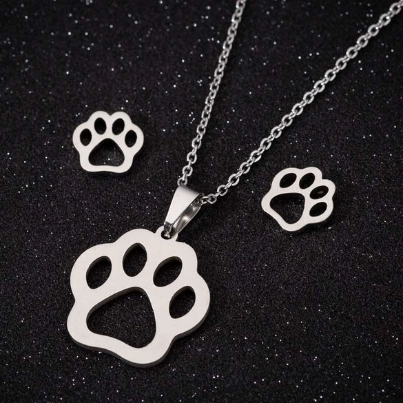 Simple Hollow Bear Paw Print Stud Jewelry Three Piece Set For Women Stainless Steel O Chain Animal Zodiac Electroplated Earrings And Necklace Suit