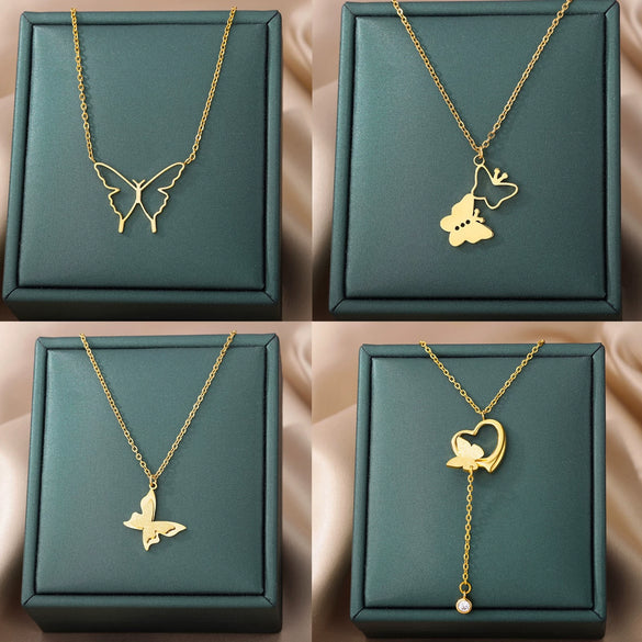 Simple Hollow Heart Shaped Butterfly Pendant Stainless Steel Necklace With Electroplating