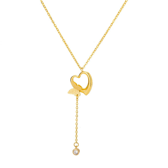 Simple Hollow Heart Shaped Butterfly Pendant Stainless Steel Necklace With Electroplating