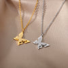 Simple Hollow Heart Shaped Butterfly Pendant Stainless Steel Necklace With Electroplating