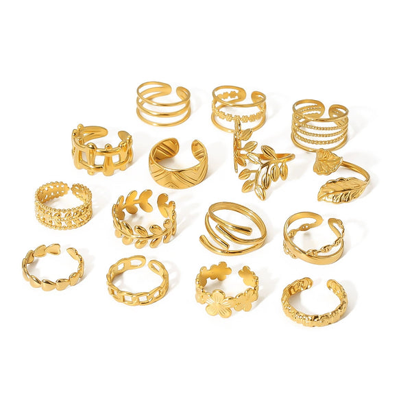 Simple Ins Style Leaf Geometric Hollow Flower 18K Gold Plated Snake Shaped Multi Layer Titanium Steel Ring For Women With Electroplating Process