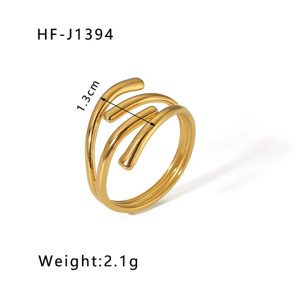 Simple Ins Style Leaf Geometric Hollow Flower 18K Gold Plated Snake Shaped Multi Layer Titanium Steel Ring For Women With Electroplating Process