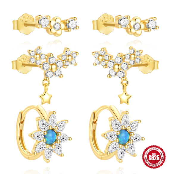 Simple Ins Style S925 Sterling Silver Blue Opal Flower Earrings With Water Drop Zircon And Set With Gemstones Processing