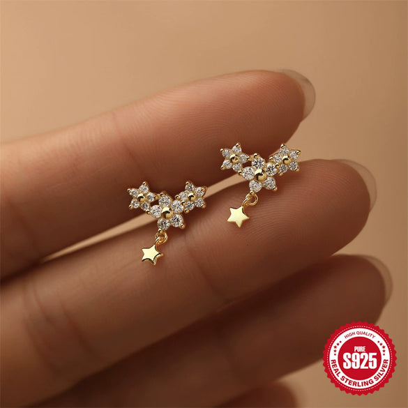 Simple Ins Style S925 Sterling Silver Blue Opal Flower Earrings With Water Drop Zircon And Set With Gemstones Processing