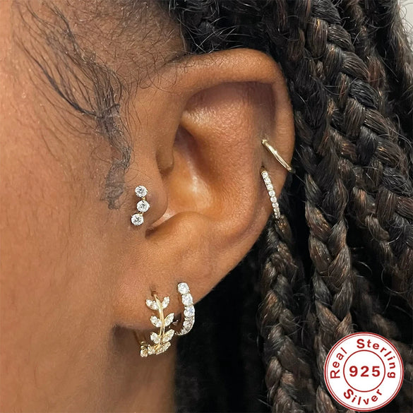 Simple Ins Style S925 Sterling Silver Cartilage Earrings With Zircon And Geometric Design
