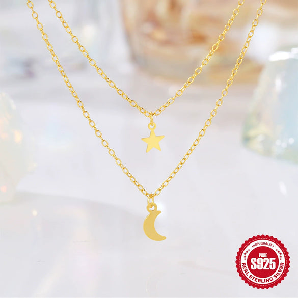 Simple Ins Style S925 Sterling Silver Double Layer Stacked Star Moon Geometric Unisex Daily Necklace With Zirconia Design