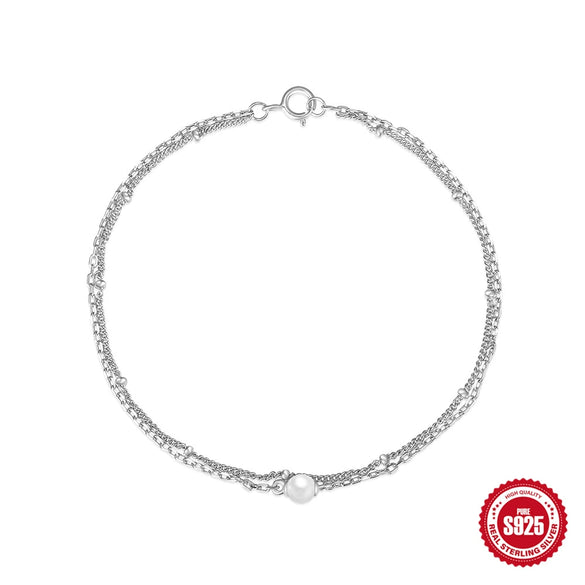 Simple Ins Style S925 Sterling Silver Geometric Double Layer Stacked Pearl Bracelet With Electroplating For Women