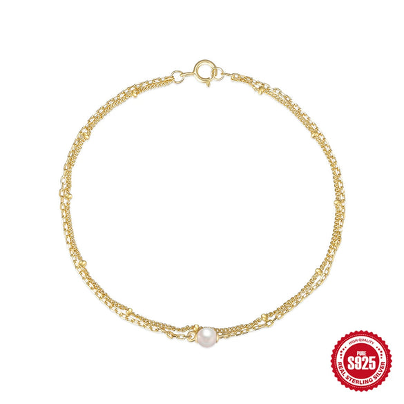 Simple Ins Style S925 Sterling Silver Geometric Double Layer Stacked Pearl Bracelet With Electroplating For Women