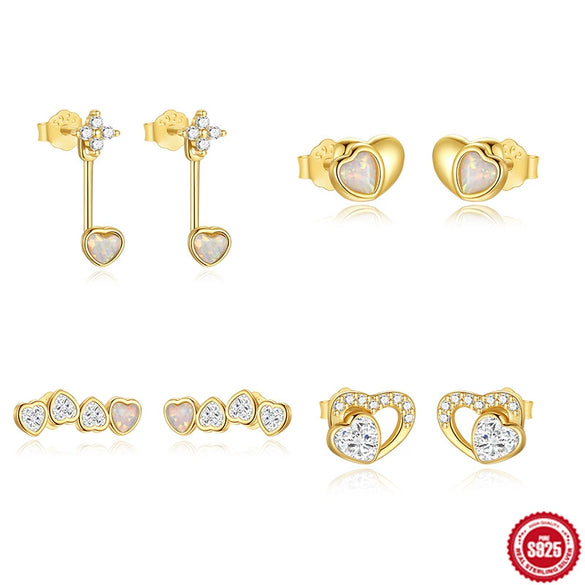Simple Ins Style S925 Sterling Silver Geometric Star Zircon Love Opal Earrings With Electroplating For Women