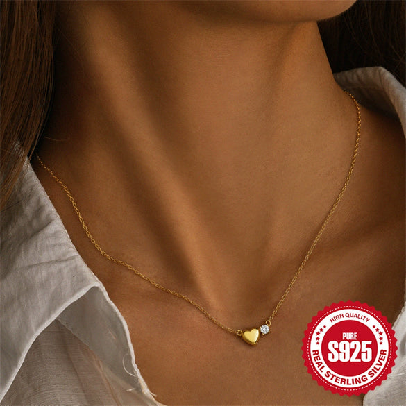 Simple Ins Style S925 Sterling Silver Heart Shaped Diamond Studded Ladies O Chain Necklace With Electroplating