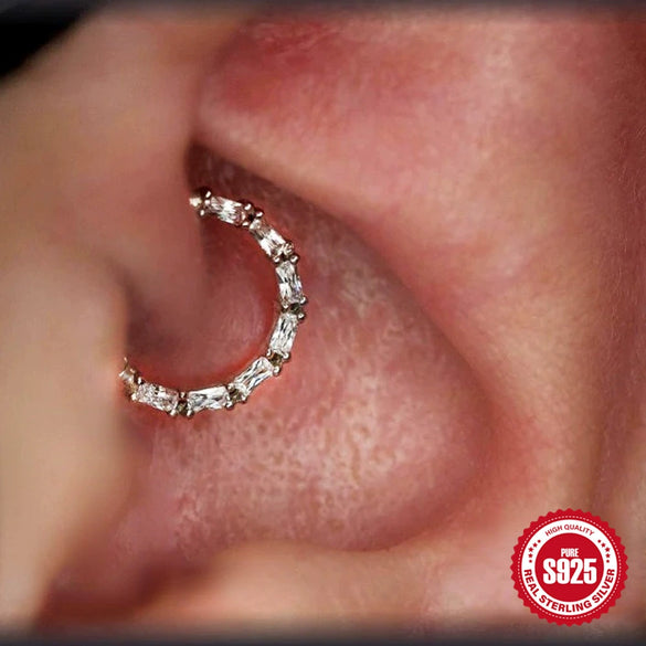 Simple Ins Style S925 Sterling Silver Personality Diamond Cartilage Earrings And Nose Ring With Geometric Design And Electroplating For Women
