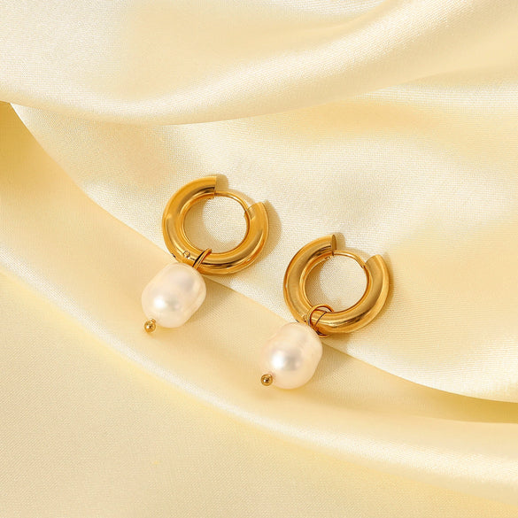 Simple Ins Style Stainless Steel Earrings With Natural Freshwater Pearl Pendant Electroplated Geometric Design For Women