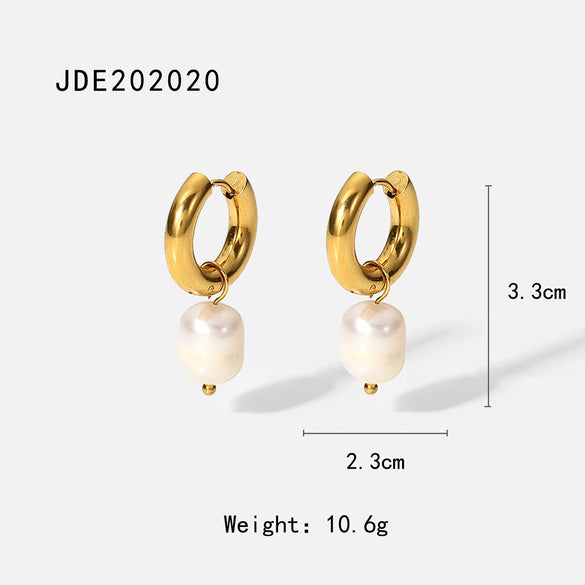 Simple Ins Style Stainless Steel Earrings With Natural Freshwater Pearl Pendant Electroplated Geometric Design For Women