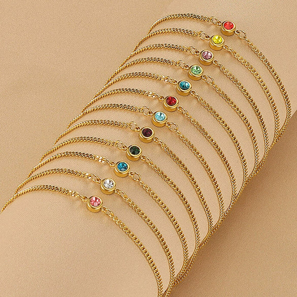 Simple Ladies Stainless Steel Gold Plated Anklet With Colorful Birthstone And Geometric Pattern
