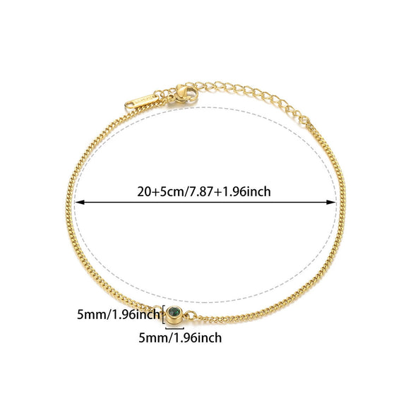 Simple Ladies Stainless Steel Gold Plated Anklet With Colorful Birthstone And Geometric Pattern