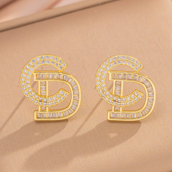 Simple Letter Light Luxury Super Shiny Stud Earrings Copper Real Gold Plated