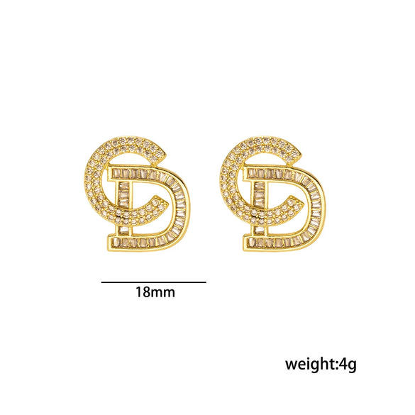 Simple Letter Light Luxury Super Shiny Stud Earrings Copper Real Gold Plated