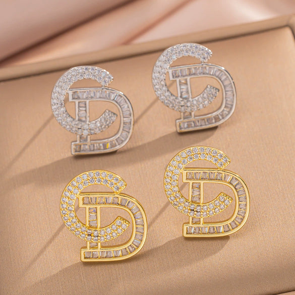 Simple Letter Light Luxury Super Shiny Stud Earrings Copper Real Gold Plated