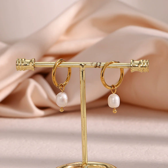 Simple Light Luxury Fashion Women's Earrings Stainless Steel 18K Gold Plated With Freshwater Pearl Geometric Design