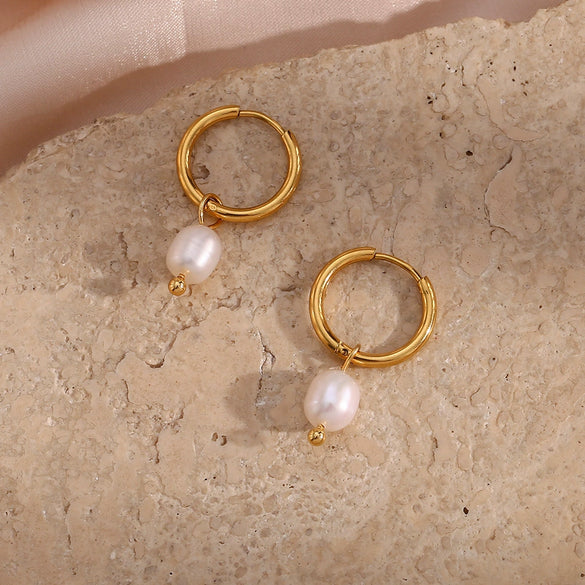 Simple Light Luxury Fashion Women's Earrings Stainless Steel 18K Gold Plated With Freshwater Pearl Geometric Design