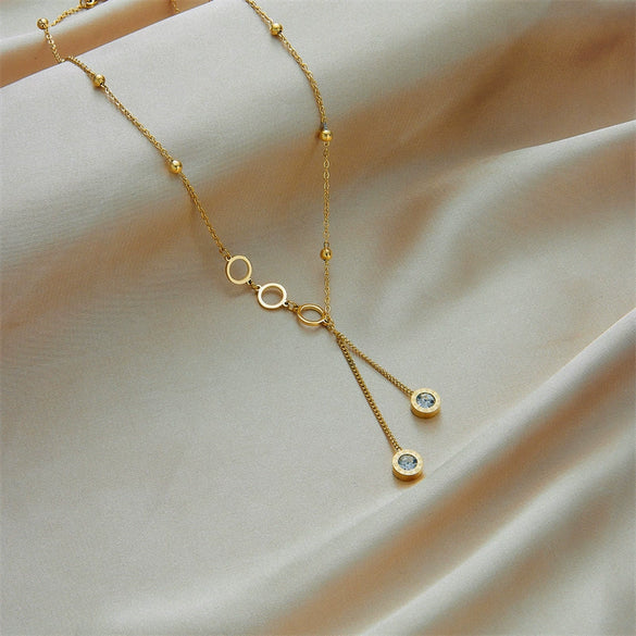 Simple Light Luxury Long Tassel Diamondembedded Irregular Circle Pendant Titanium Steel Necklace With Geometric Pattern And Electroplating Treatment