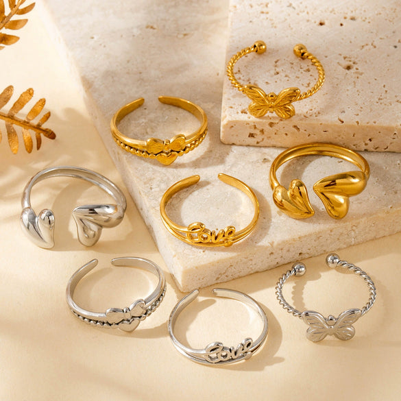 Simple Love Heart Shaped Bow Titanium Steel Opening Adjustable Ring With Electroplating