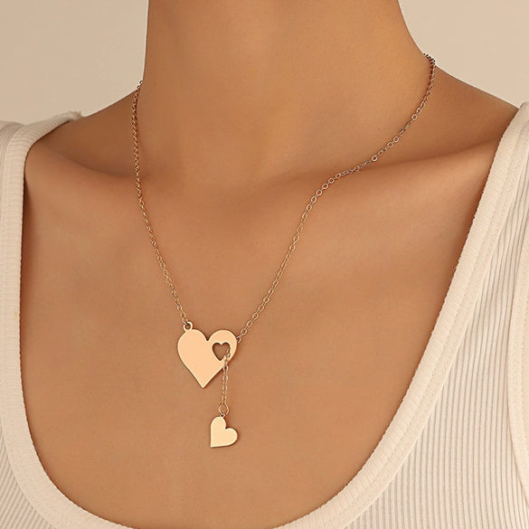 Simple Love Hollow Heart Pendant Necklace For Women Stainless Steel Electroplated Y Shaped Collarbone Chain