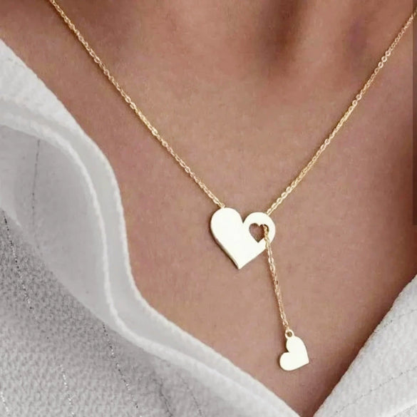 Simple Love Hollow Heart Pendant Necklace For Women Stainless Steel Electroplated Y Shaped Collarbone Chain