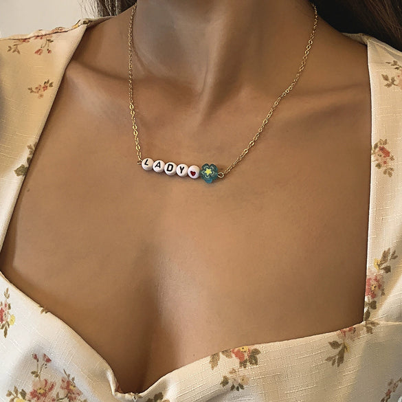 Simple Metal Chain Letter Glass Small Flower Collarbone Necklace Material Fine Copperclad Iron Acrylic Glass Flower Process Electroplating