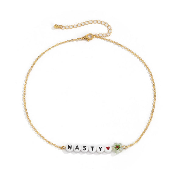 Simple Metal Chain Letter Glass Small Flower Collarbone Necklace Material Fine Copperclad Iron Acrylic Glass Flower Process Electroplating