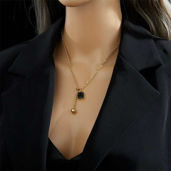 Simple Metal Titanium Steel Square Round Beads Asymmetric Pull Adjustable Clavicle Necklace With Geometric Design And Electroplating Treatment