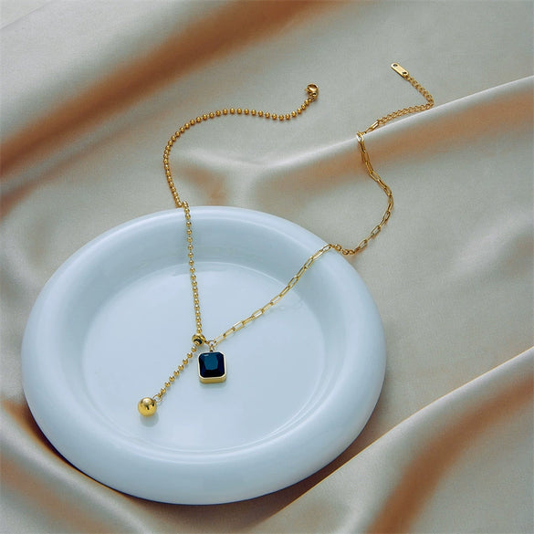 Simple Metal Titanium Steel Square Round Beads Asymmetric Pull Adjustable Clavicle Necklace With Geometric Design And Electroplating Treatment
