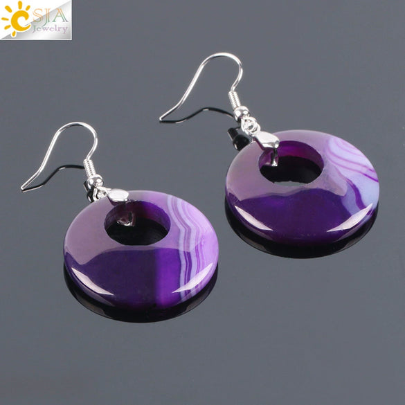 Simple Natural Stone Agate Crystal Round Earrings With Copper Accessories Peace Buckle Style Jewelry