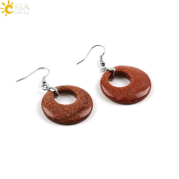 Simple Natural Stone Agate Crystal Round Earrings With Copper Accessories Peace Buckle Style Jewelry