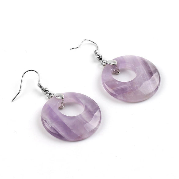 Simple Natural Stone Agate Crystal Round Earrings With Copper Accessories Peace Buckle Style Jewelry
