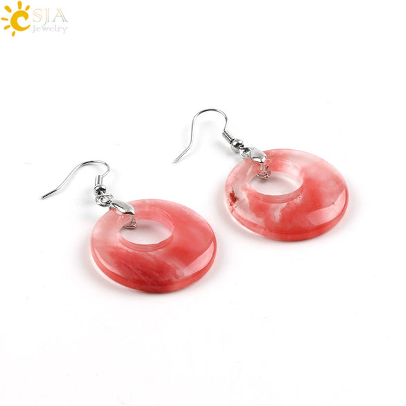 Simple Natural Stone Agate Crystal Round Earrings With Copper Accessories Peace Buckle Style Jewelry